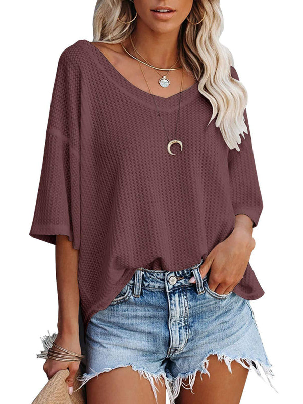 New V Neck Dolman Sleeve Waffle Knit Loose Solid Color Short Sleeve T-Shirt - THE QUEEN RUNWAY
