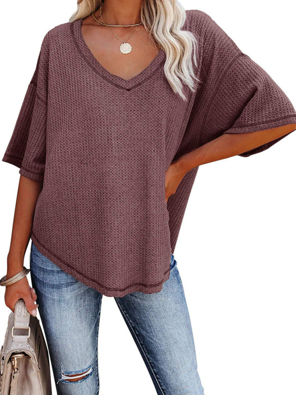 New V Neck Dolman Sleeve Waffle Knit Loose Solid Color Short Sleeve T-Shirt - THE QUEEN RUNWAY