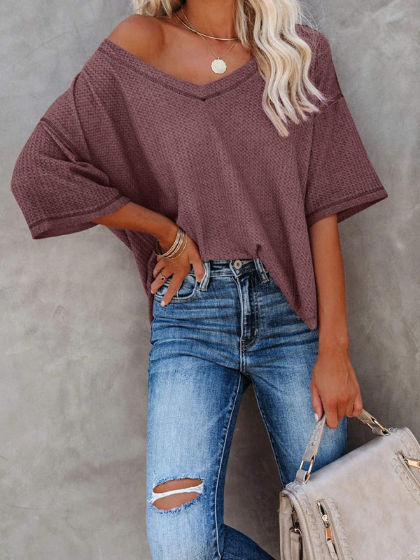 New V Neck Dolman Sleeve Waffle Knit Loose Solid Color Short Sleeve T-Shirt - THE QUEEN RUNWAY
