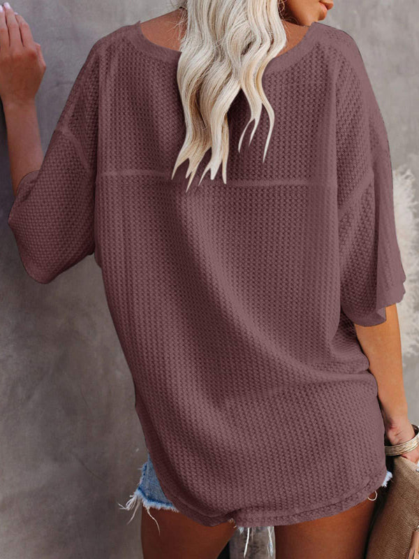 New V Neck Dolman Sleeve Waffle Knit Loose Solid Color Short Sleeve T-Shirt - THE QUEEN RUNWAY