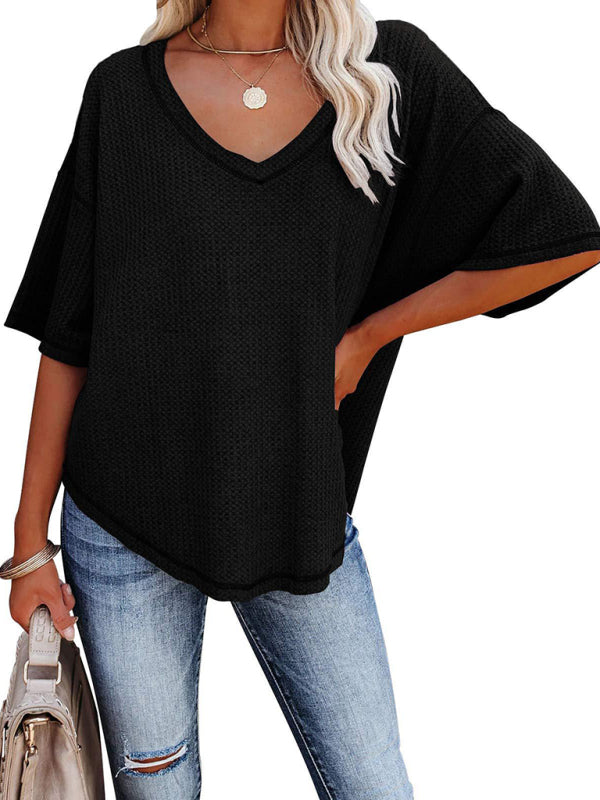 New V Neck Dolman Sleeve Waffle Knit Loose Solid Color Short Sleeve T-Shirt - THE QUEEN RUNWAY
