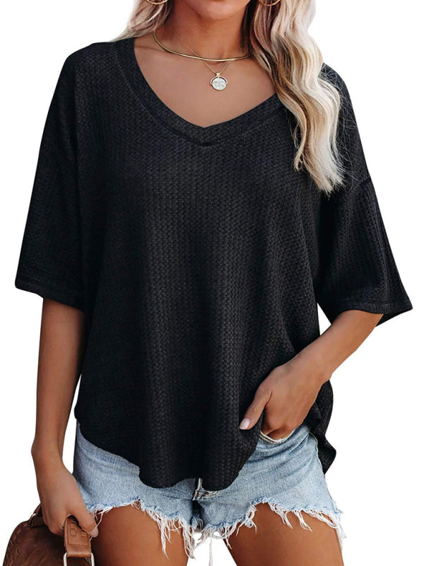 New V Neck Dolman Sleeve Waffle Knit Loose Solid Color Short Sleeve T-Shirt - THE QUEEN RUNWAY