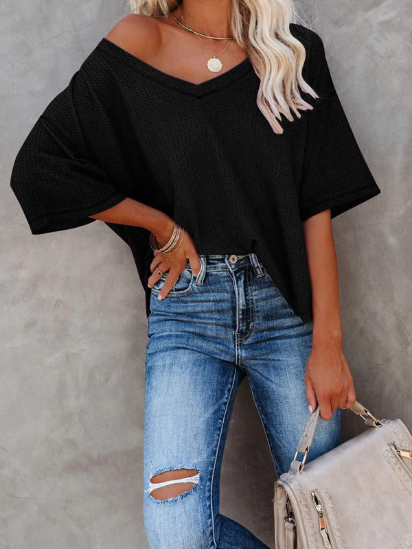 New V Neck Dolman Sleeve Waffle Knit Loose Solid Color Short Sleeve T-Shirt - THE QUEEN RUNWAY
