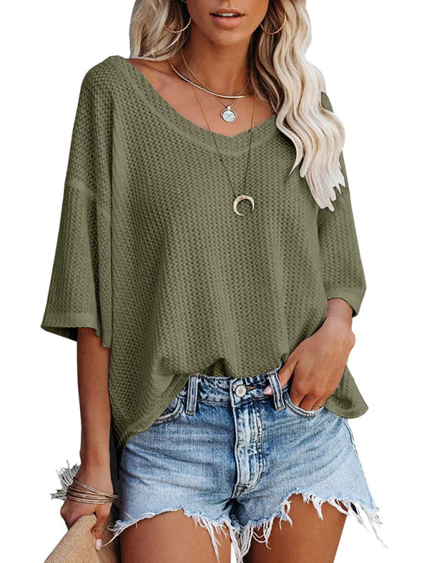 New V Neck Dolman Sleeve Waffle Knit Loose Solid Color Short Sleeve T-Shirt - THE QUEEN RUNWAY