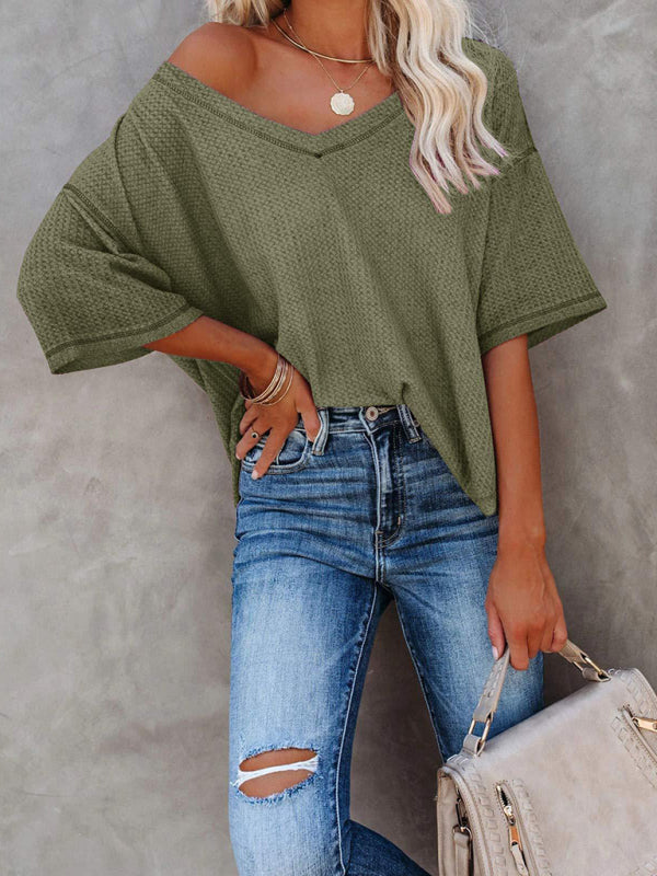 New V Neck Dolman Sleeve Waffle Knit Loose Solid Color Short Sleeve T-Shirt - THE QUEEN RUNWAY