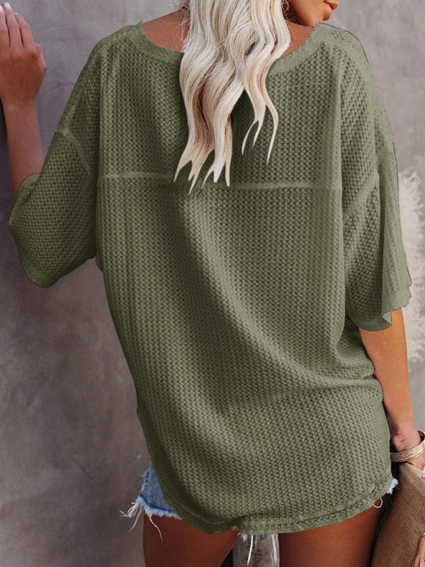 New V Neck Dolman Sleeve Waffle Knit Loose Solid Color Short Sleeve T-Shirt - THE QUEEN RUNWAY