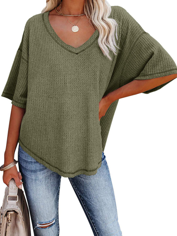New V Neck Dolman Sleeve Waffle Knit Loose Solid Color Short Sleeve T-Shirt - THE QUEEN RUNWAY