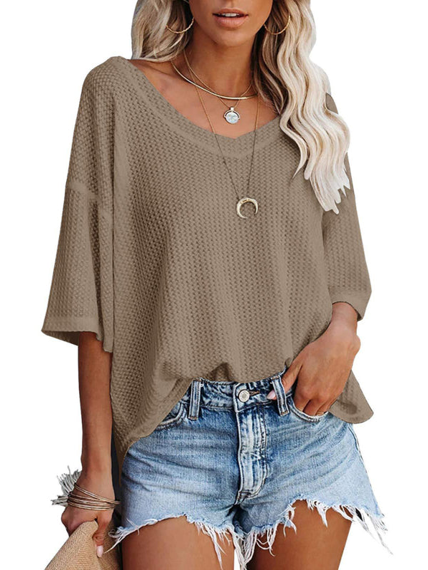 New V Neck Dolman Sleeve Waffle Knit Loose Solid Color Short Sleeve T-Shirt - THE QUEEN RUNWAY
