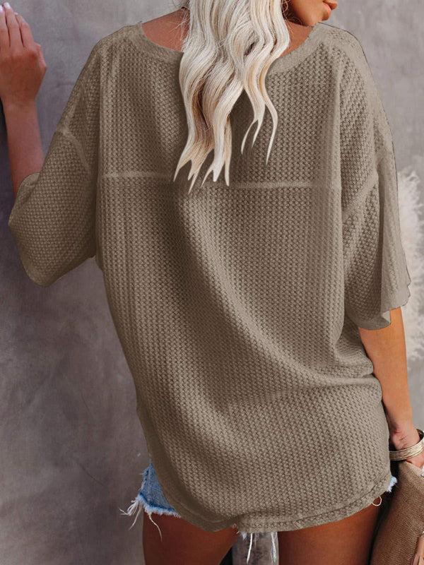 New V Neck Dolman Sleeve Waffle Knit Loose Solid Color Short Sleeve T-Shirt - THE QUEEN RUNWAY