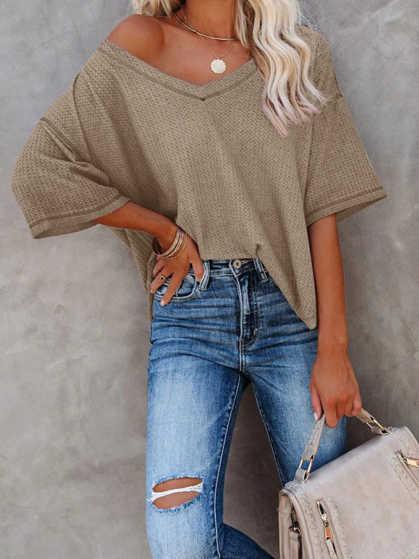 New V Neck Dolman Sleeve Waffle Knit Loose Solid Color Short Sleeve T-Shirt - THE QUEEN RUNWAY