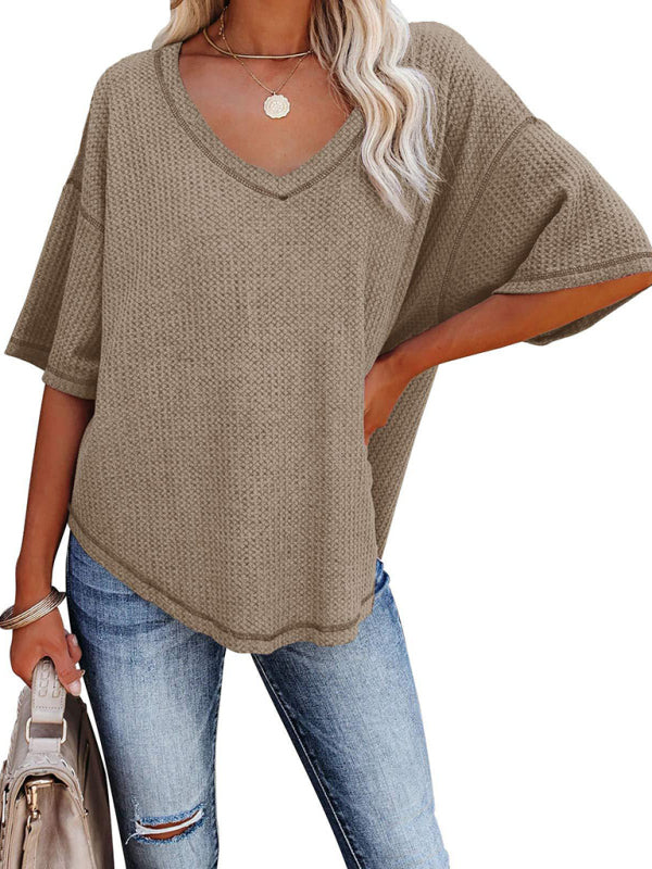 New V Neck Dolman Sleeve Waffle Knit Loose Solid Color Short Sleeve T-Shirt - THE QUEEN RUNWAY