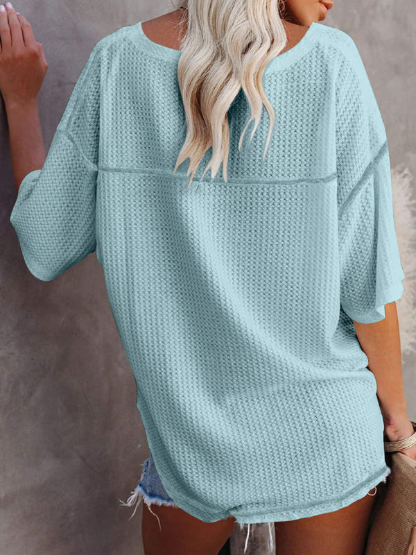 New V Neck Dolman Sleeve Waffle Knit Loose Solid Color Short Sleeve T-Shirt - THE QUEEN RUNWAY