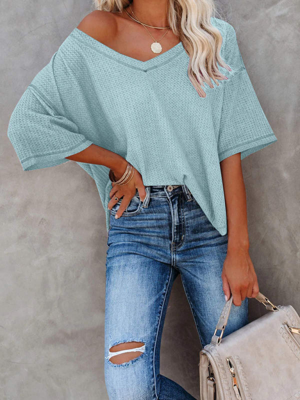 New V Neck Dolman Sleeve Waffle Knit Loose Solid Color Short Sleeve T-Shirt - THE QUEEN RUNWAY