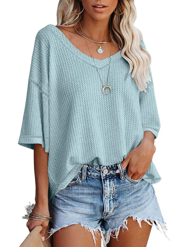 New V Neck Dolman Sleeve Waffle Knit Loose Solid Color Short Sleeve T-Shirt - THE QUEEN RUNWAY