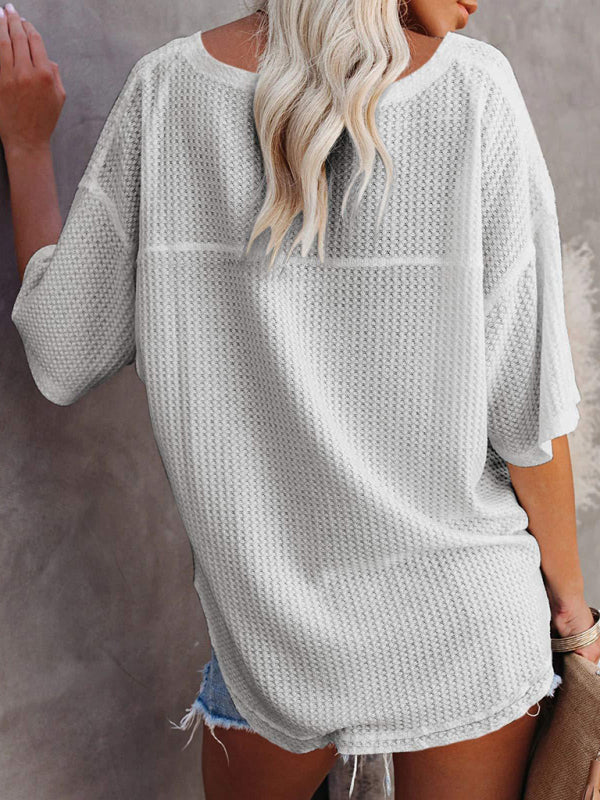 New V Neck Dolman Sleeve Waffle Knit Loose Solid Color Short Sleeve T-Shirt - THE QUEEN RUNWAY