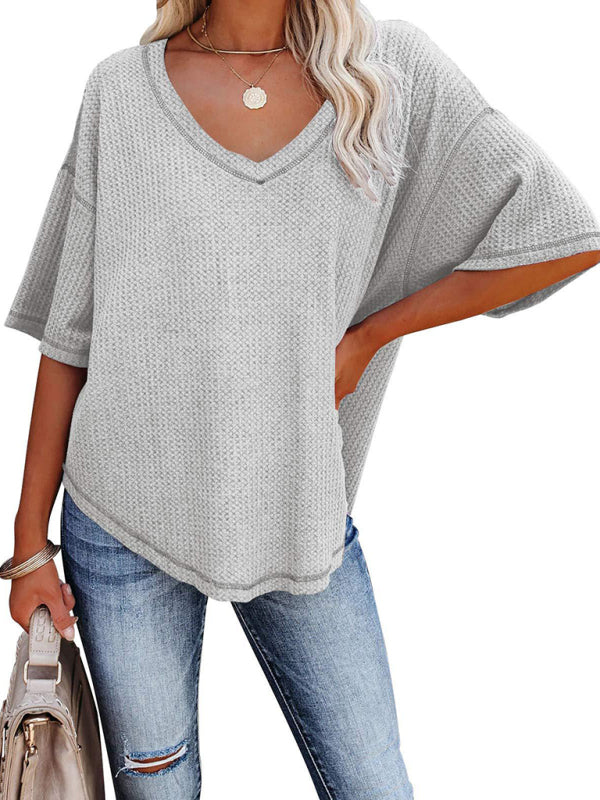 New V Neck Dolman Sleeve Waffle Knit Loose Solid Color Short Sleeve T-Shirt - THE QUEEN RUNWAY