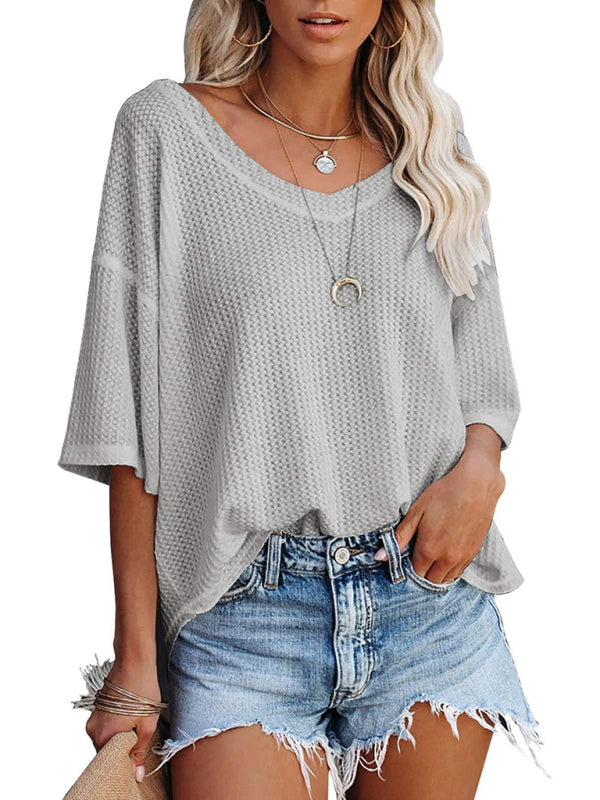 New V Neck Dolman Sleeve Waffle Knit Loose Solid Color Short Sleeve T-Shirt - THE QUEEN RUNWAY