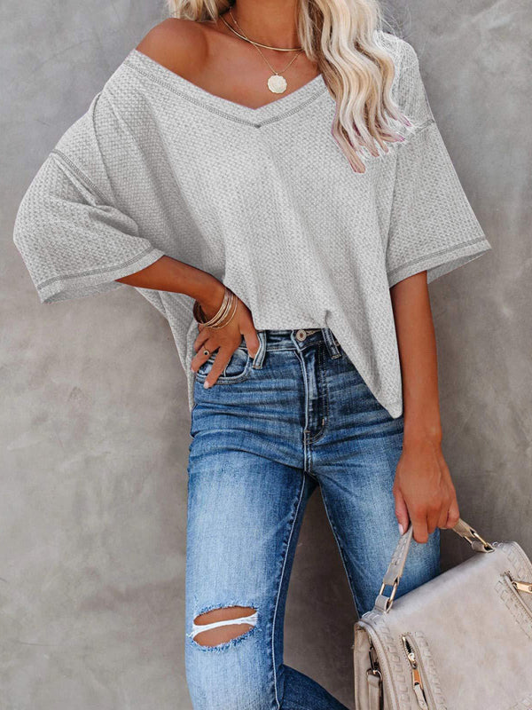 New V Neck Dolman Sleeve Waffle Knit Loose Solid Color Short Sleeve T-Shirt - THE QUEEN RUNWAY