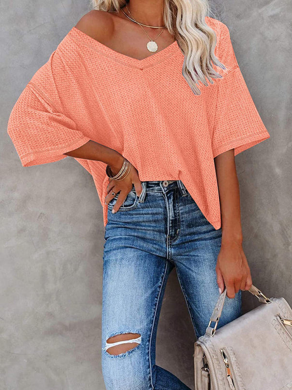 New V Neck Dolman Sleeve Waffle Knit Loose Solid Color Short Sleeve T-Shirt - THE QUEEN RUNWAY
