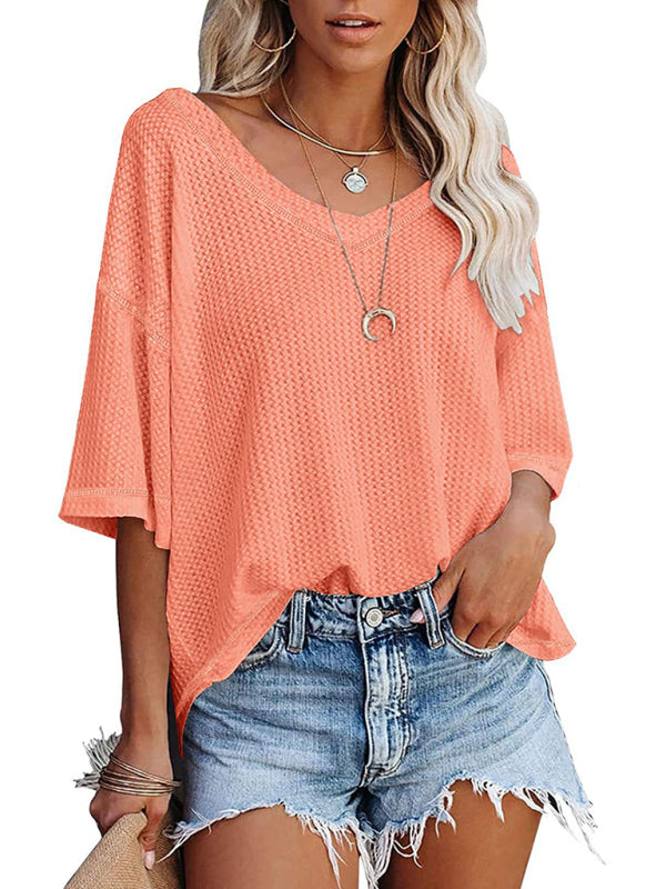 New V Neck Dolman Sleeve Waffle Knit Loose Solid Color Short Sleeve T-Shirt - THE QUEEN RUNWAY