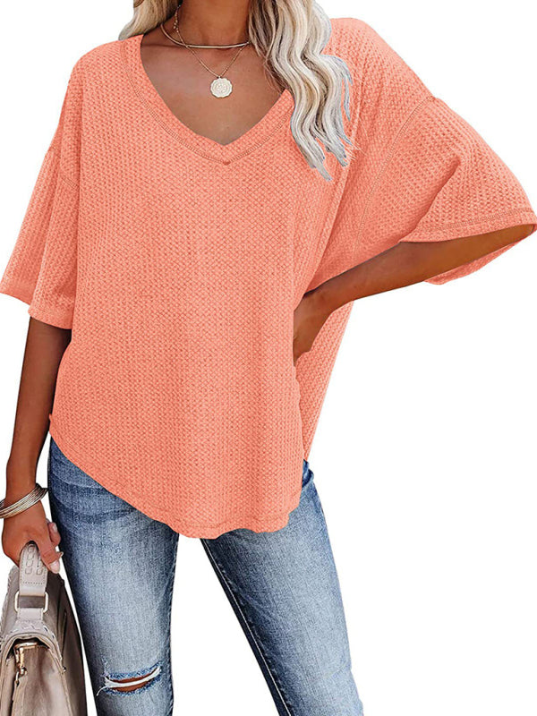 New V Neck Dolman Sleeve Waffle Knit Loose Solid Color Short Sleeve T-Shirt - THE QUEEN RUNWAY