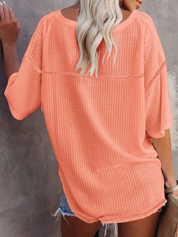 New V Neck Dolman Sleeve Waffle Knit Loose Solid Color Short Sleeve T-Shirt - THE QUEEN RUNWAY
