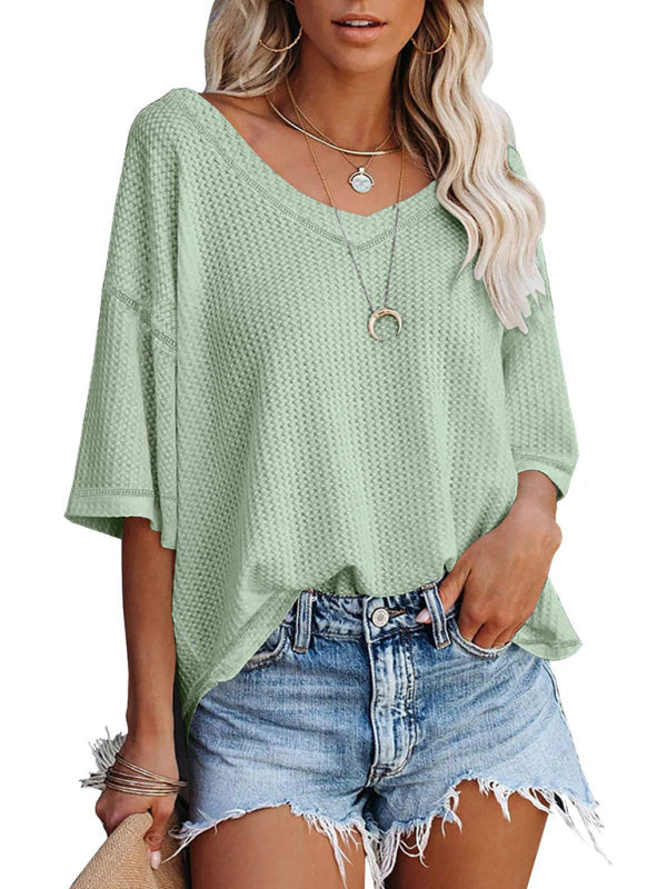 New V Neck Dolman Sleeve Waffle Knit Loose Solid Color Short Sleeve T-Shirt - THE QUEEN RUNWAY