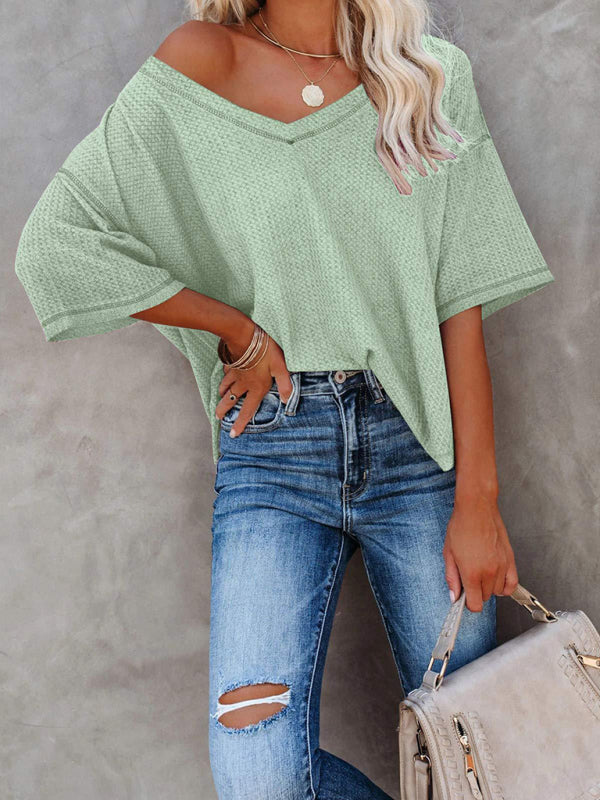New V Neck Dolman Sleeve Waffle Knit Loose Solid Color Short Sleeve T-Shirt - THE QUEEN RUNWAY