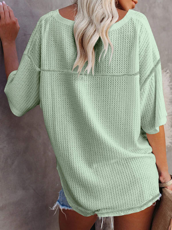 New V Neck Dolman Sleeve Waffle Knit Loose Solid Color Short Sleeve T-Shirt - THE QUEEN RUNWAY