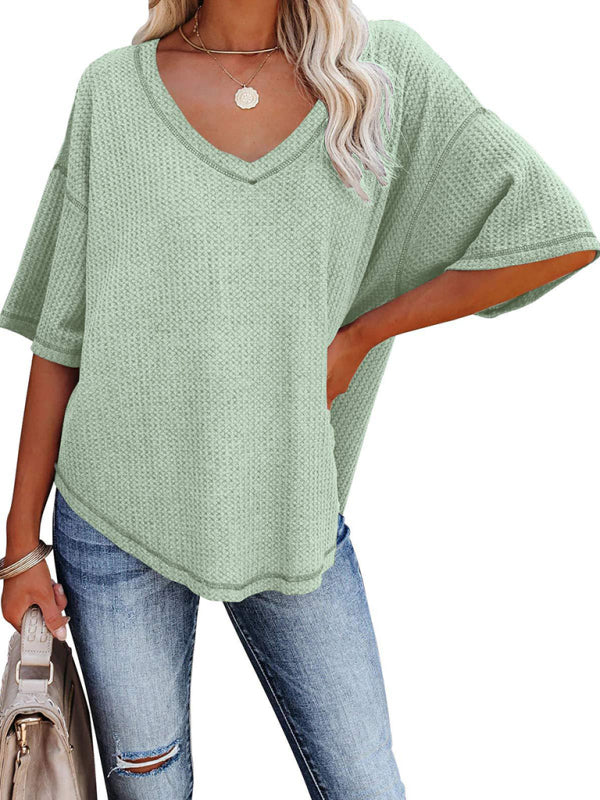 New V Neck Dolman Sleeve Waffle Knit Loose Solid Color Short Sleeve T-Shirt - THE QUEEN RUNWAY
