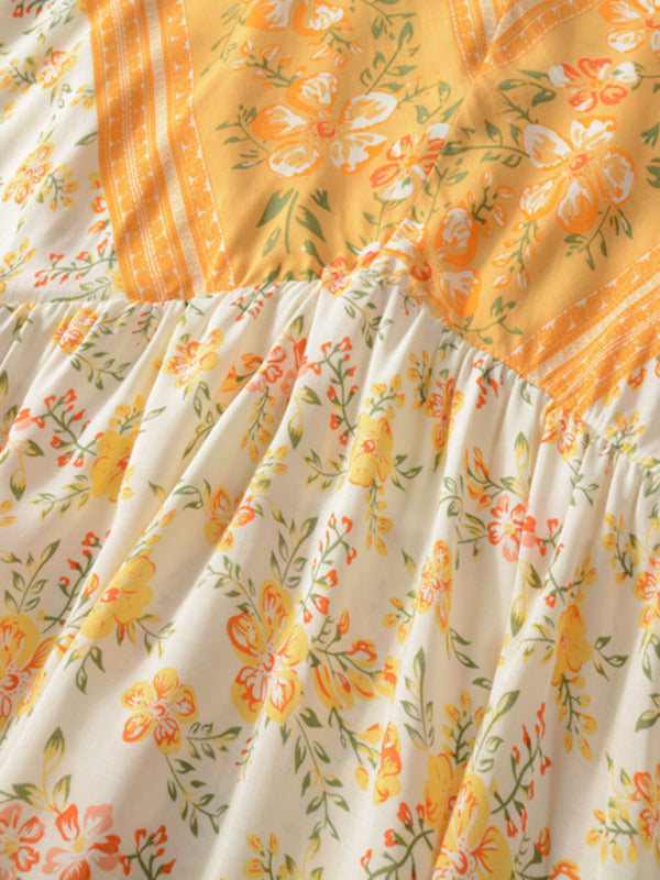 Women's Woven V Neck Bohemian Print Short Sleeve Dress - THE QUEEN RUNWAY
