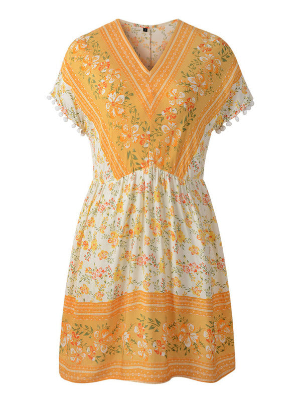 Women's Woven V Neck Bohemian Print Short Sleeve Dress - THE QUEEN RUNWAY