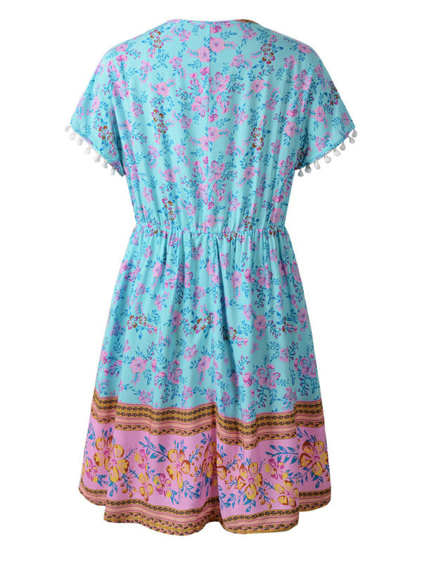Women's Woven V Neck Bohemian Print Short Sleeve Dress - THE QUEEN RUNWAY