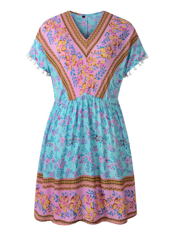 Women's Woven V Neck Bohemian Print Short Sleeve Dress - THE QUEEN RUNWAY