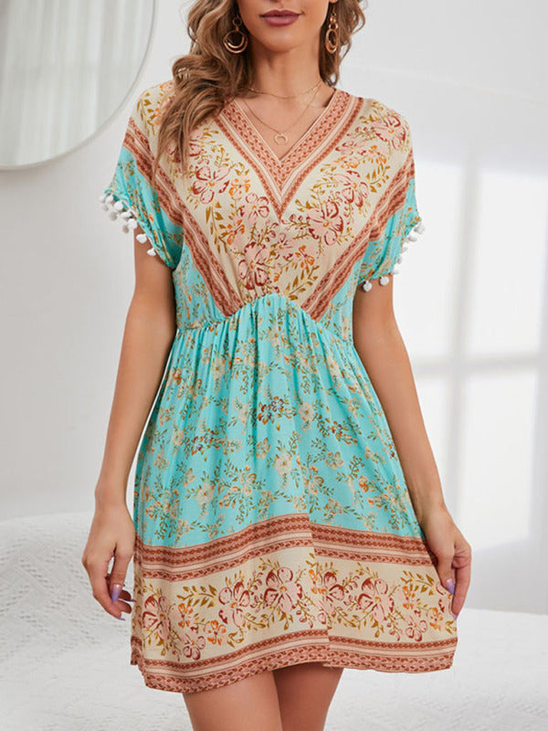 Women's Woven V Neck Bohemian Print Short Sleeve Dress - THE QUEEN RUNWAY