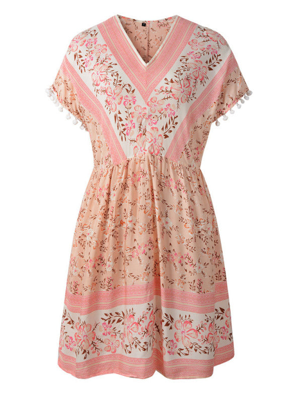 Women's Woven V Neck Bohemian Print Short Sleeve Dress - THE QUEEN RUNWAY