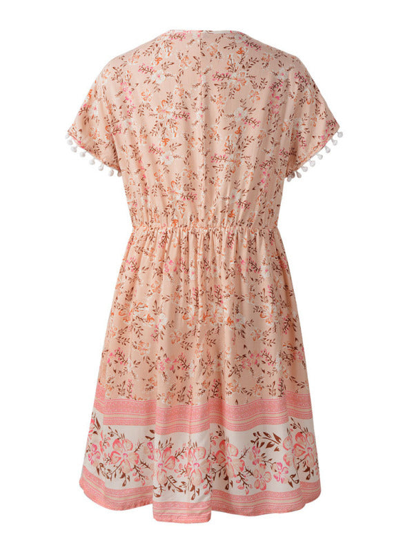 Women's Woven V Neck Bohemian Print Short Sleeve Dress - THE QUEEN RUNWAY