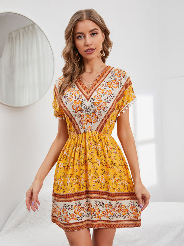 Women's Woven V Neck Bohemian Print Short Sleeve Dress - THE QUEEN RUNWAY