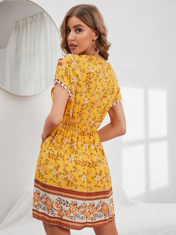 Women's Woven V Neck Bohemian Print Short Sleeve Dress - THE QUEEN RUNWAY