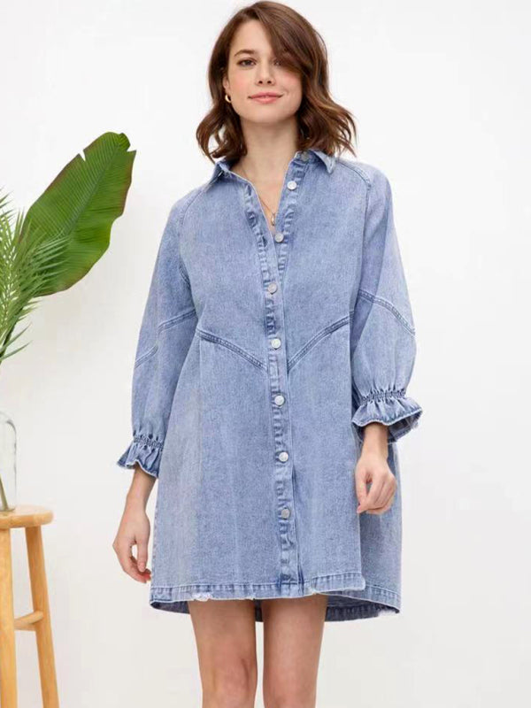 Women's Casual Loose Denim Balloon Sleeve Long Sleeve Dress - THE QUEEN RUNWAY
