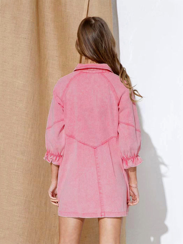 Women's Casual Loose Denim Balloon Sleeve Long Sleeve Dress - THE QUEEN RUNWAY