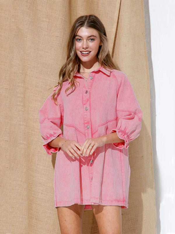 Women's Casual Loose Denim Balloon Sleeve Long Sleeve Dress - THE QUEEN RUNWAY