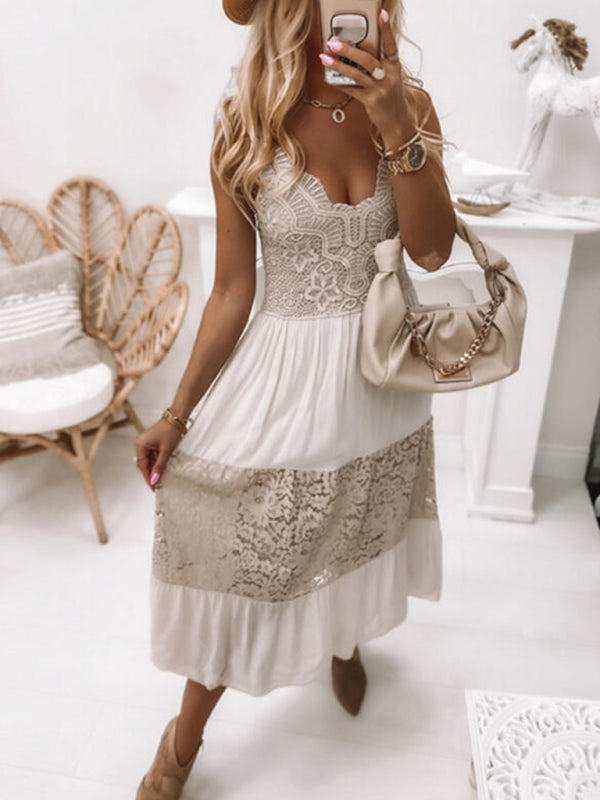 New European and American sexy sleeveless lace stitching dress long skirt - THE QUEEN RUNWAY