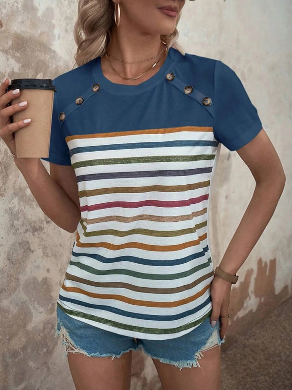 Women's Stripe Print Button Short Sleeve Casual Top - THE QUEEN RUNWAY