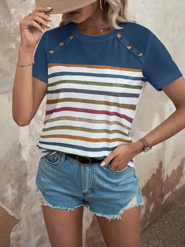 Women's Stripe Print Button Short Sleeve Casual Top - THE QUEEN RUNWAY
