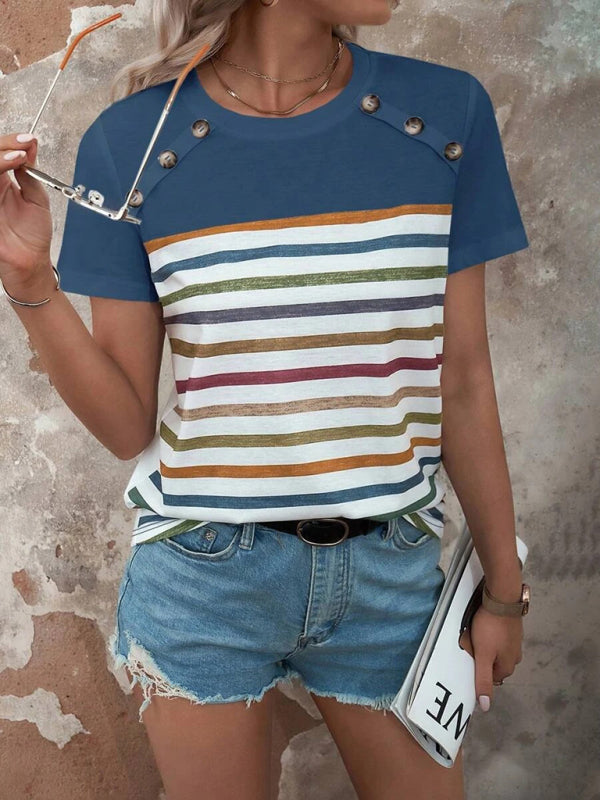 Women's Stripe Print Button Short Sleeve Casual Top - THE QUEEN RUNWAY