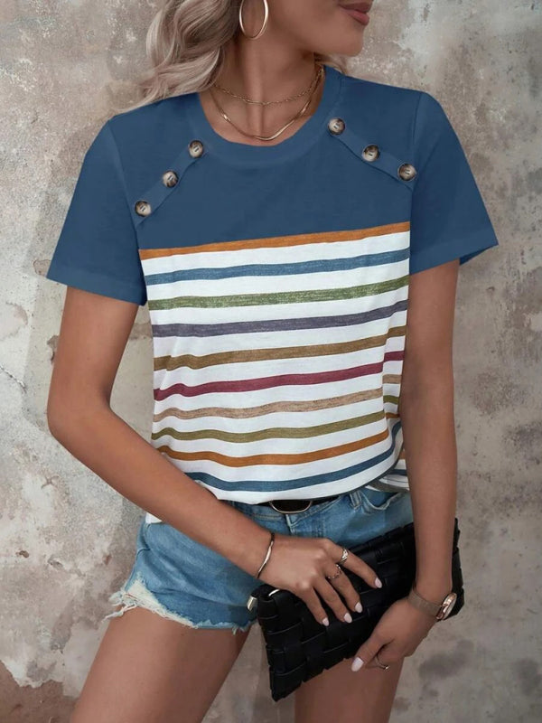 Women's Stripe Print Button Short Sleeve Casual Top - THE QUEEN RUNWAY