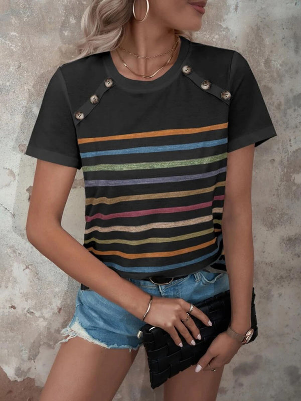 Women's Stripe Print Button Short Sleeve Casual Top - THE QUEEN RUNWAY