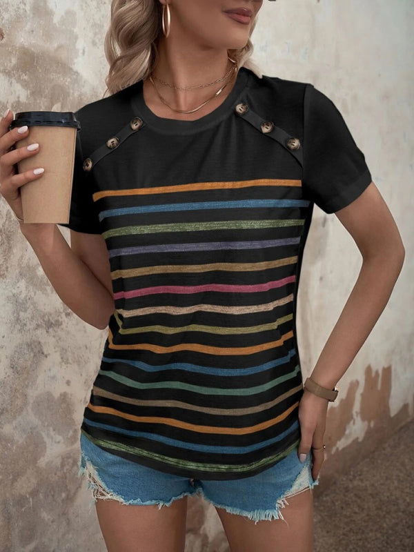 Women's Stripe Print Button Short Sleeve Casual Top - THE QUEEN RUNWAY