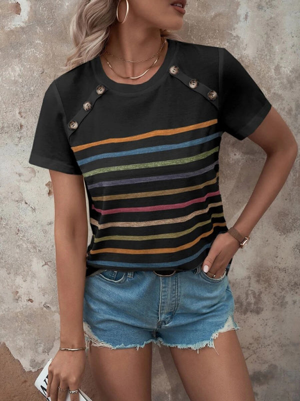 Women's Stripe Print Button Short Sleeve Casual Top - THE QUEEN RUNWAY